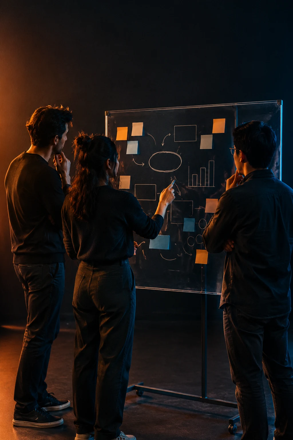 Marketing team discussing a campaign plan around a whiteboard covered in notes and sketches