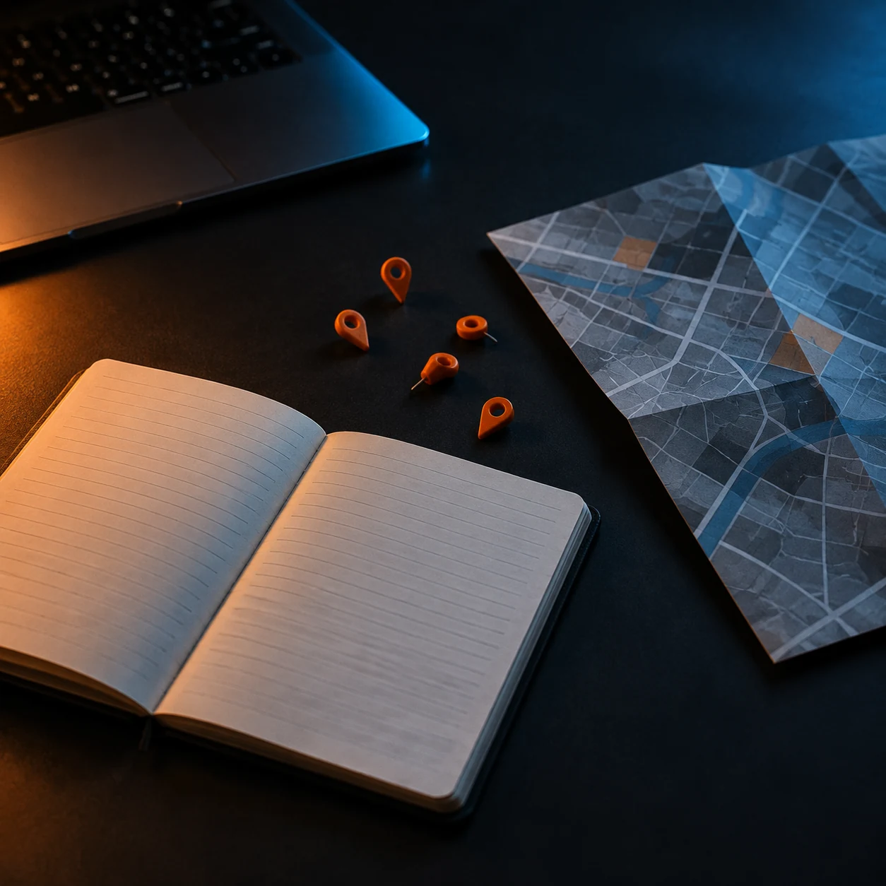 Notebook, map pins and a laptop on a desk, used for planning local search work