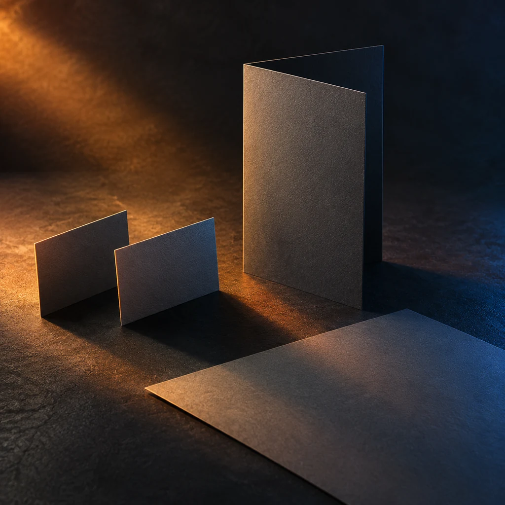 Printed brochure and business card mock-ups laid out on a dark studio surface