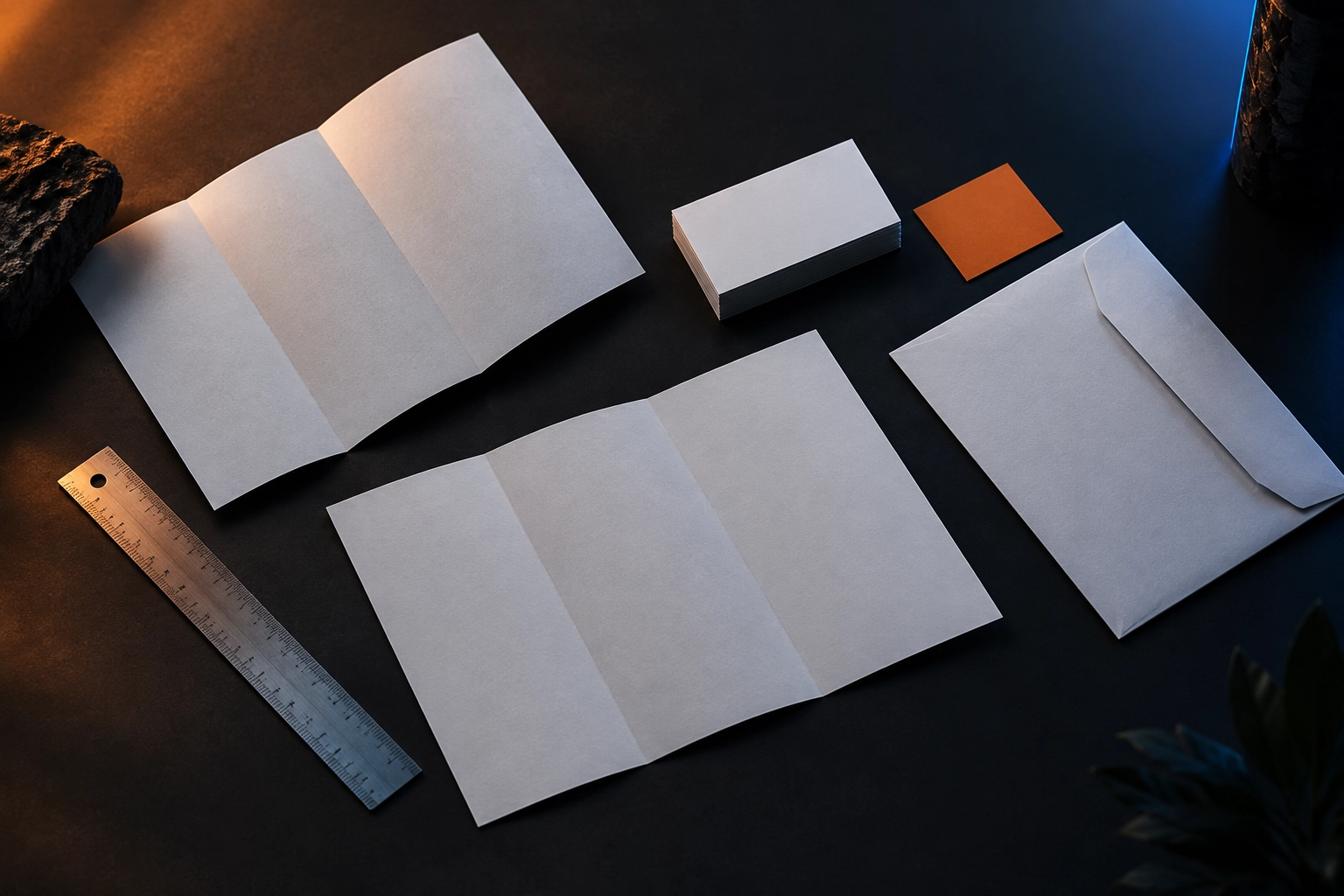 Printed brochures, business cards and a notebook arranged on a studio table