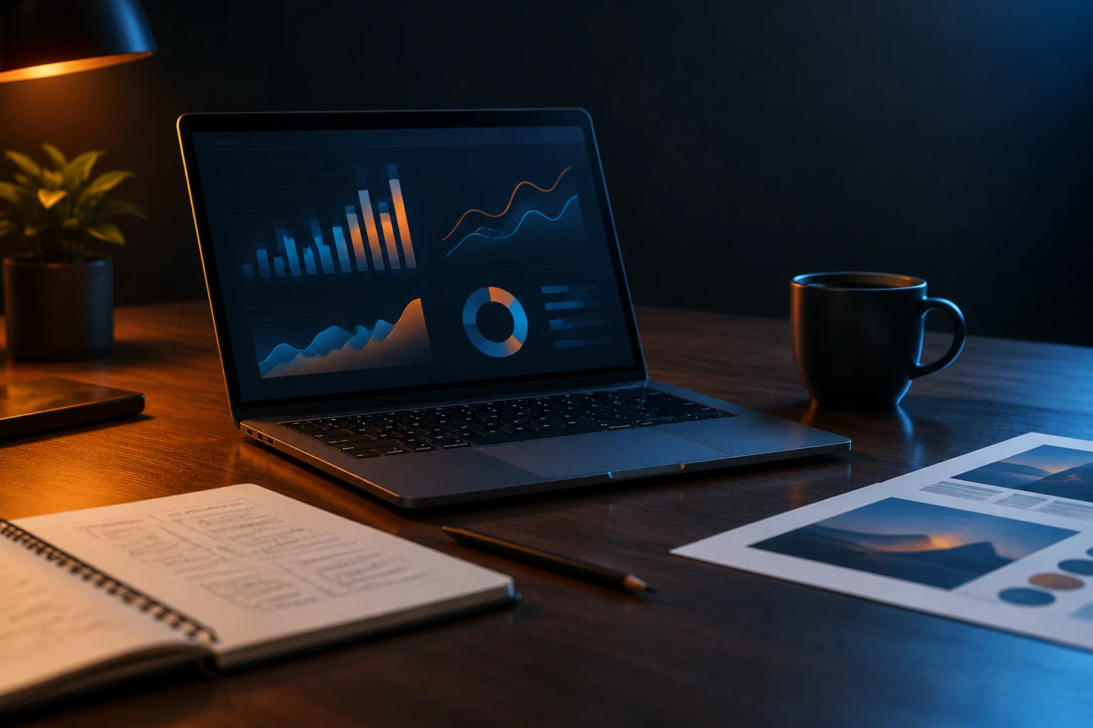 Marketing workspace with a laptop showing campaign dashboards, printed layouts and handwritten notes on a dark desk